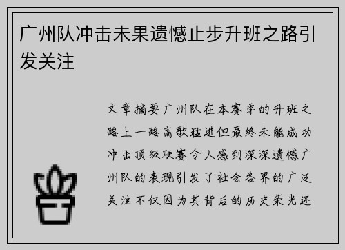 广州队冲击未果遗憾止步升班之路引发关注 广州队冲击未果遗憾止步升班之路引发关注
